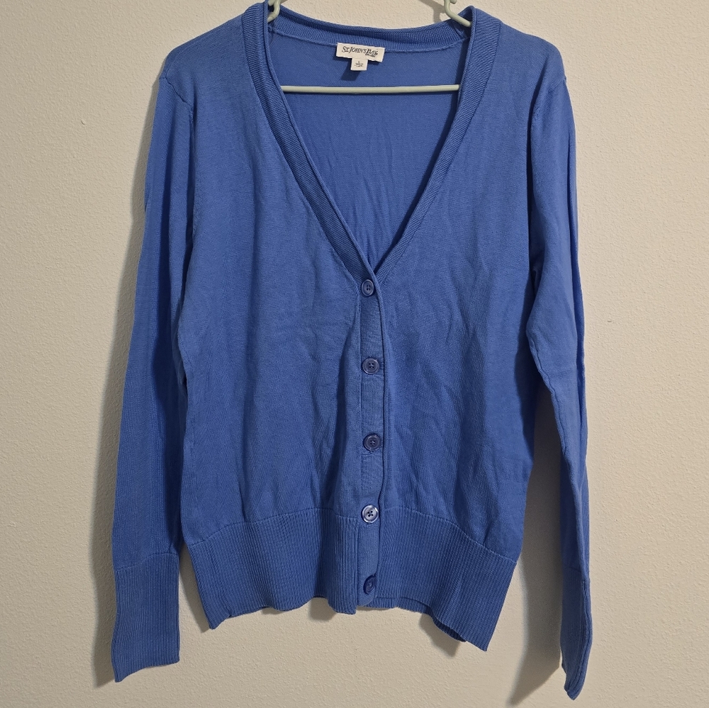 St. John's Bay Blue Cardigan Sweater Classic Knit 100% Cotton